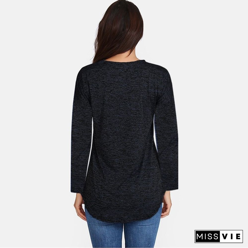 S-5XL Women Autumn Plus size Casual Loose V-neck Zippers Long sleeves Pure color Tops T shirts