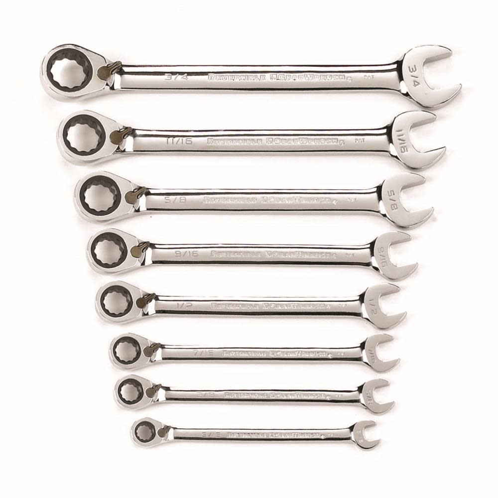 8 Piece 12 Point Reversible Ratcheting Combination Wrench Set， SAE ;