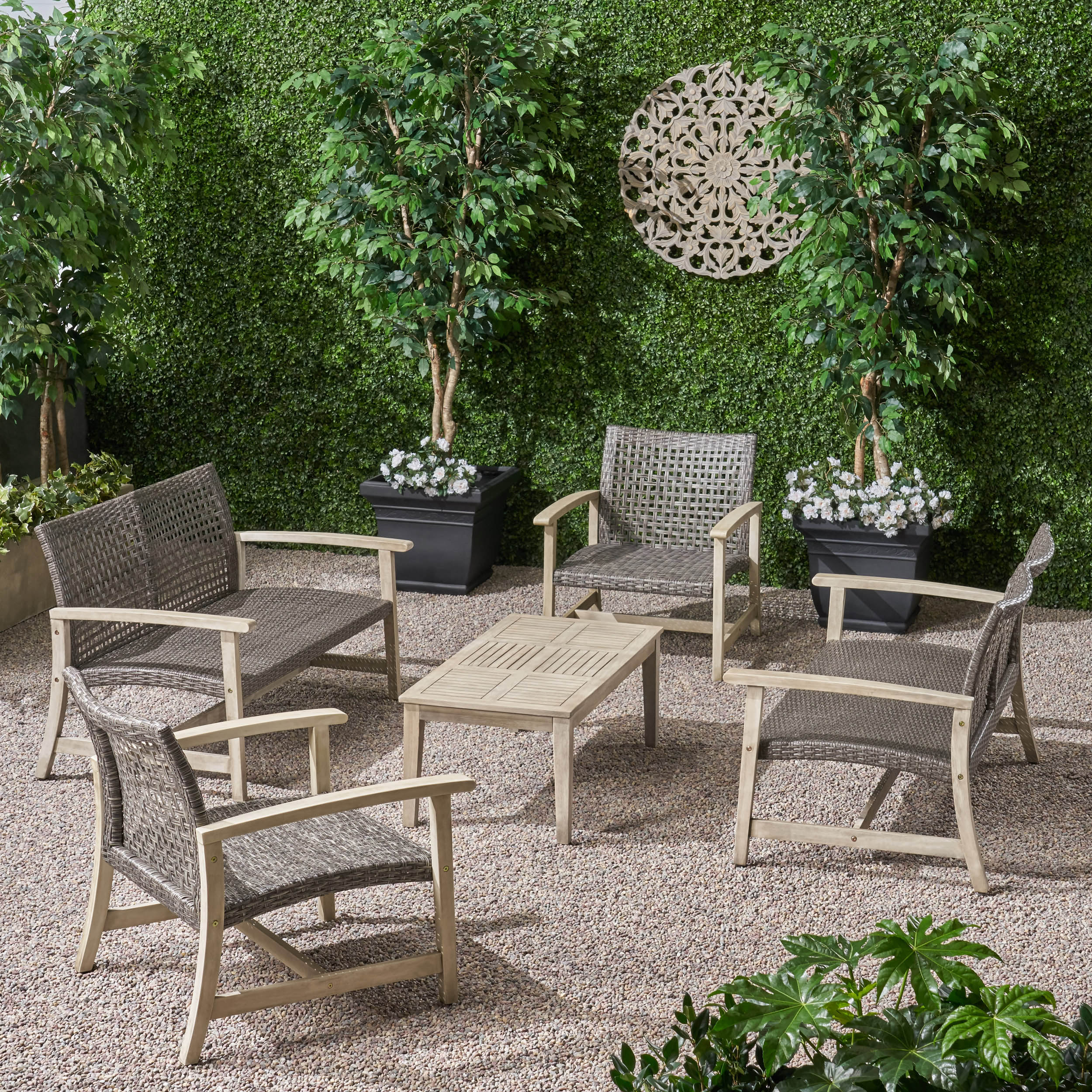 Alyssa Outdoor 5 Piece Wood and Wicker Loveseat Chat Set