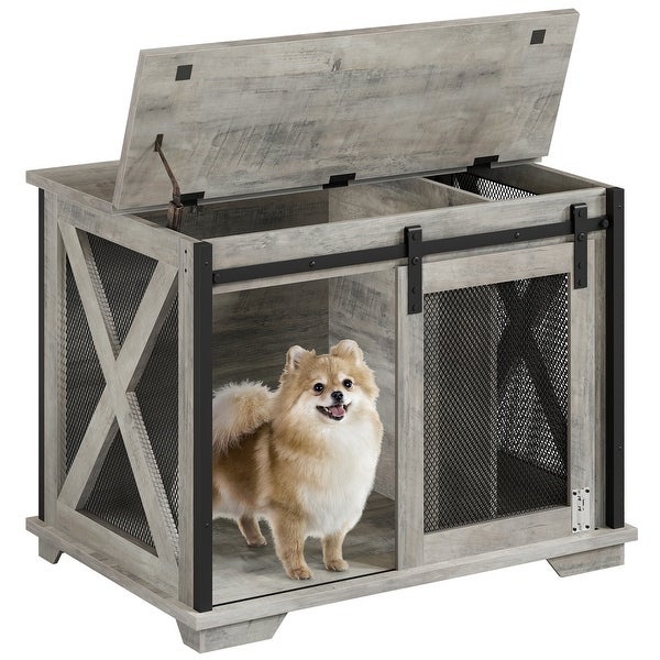 37'' Sliding Barn Door Dog Crate Furniture with Flip Top and Movable Divider， Wooden Dog Crate Table