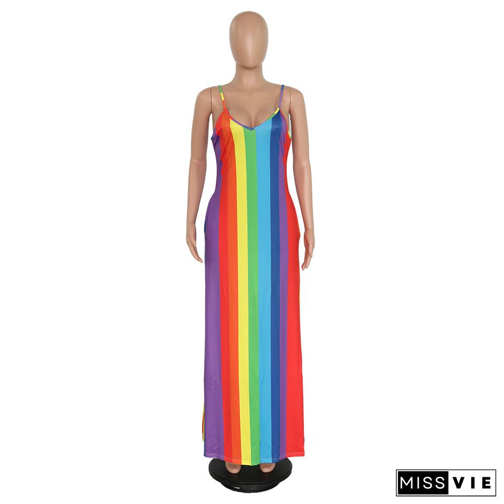 Rainbow Stylish Casual Striped Dress