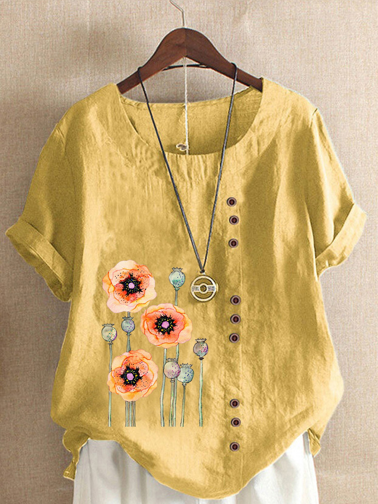 Round Neck Casual Loose Floral Print Short Sleeve Blouse