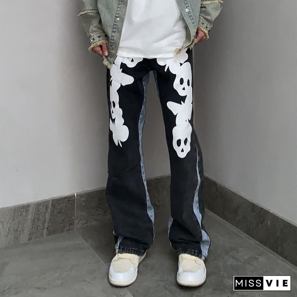 Dark Skull Print Loose Denim Pants