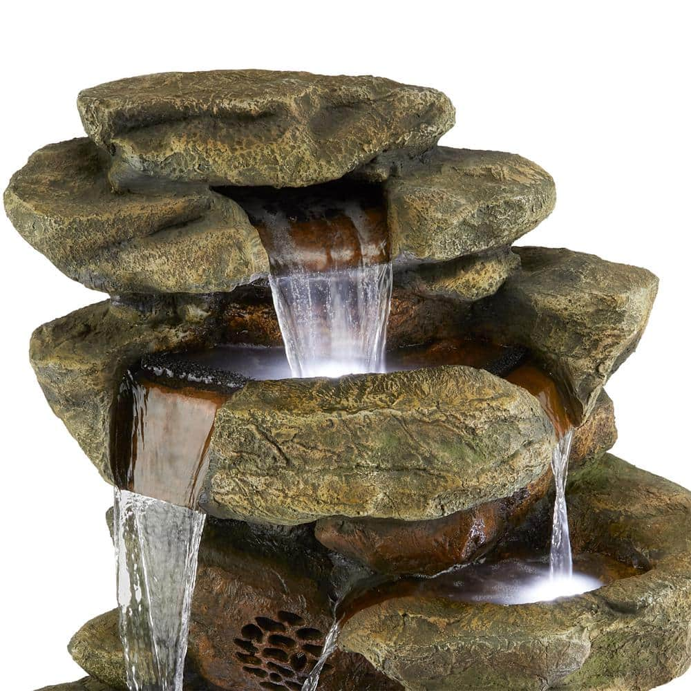 Alpine Corporation 51 in. Tall Outdoor Rainforest Floor Tiered Fountain with LED Lights and Bluetooth Speaker TZL199