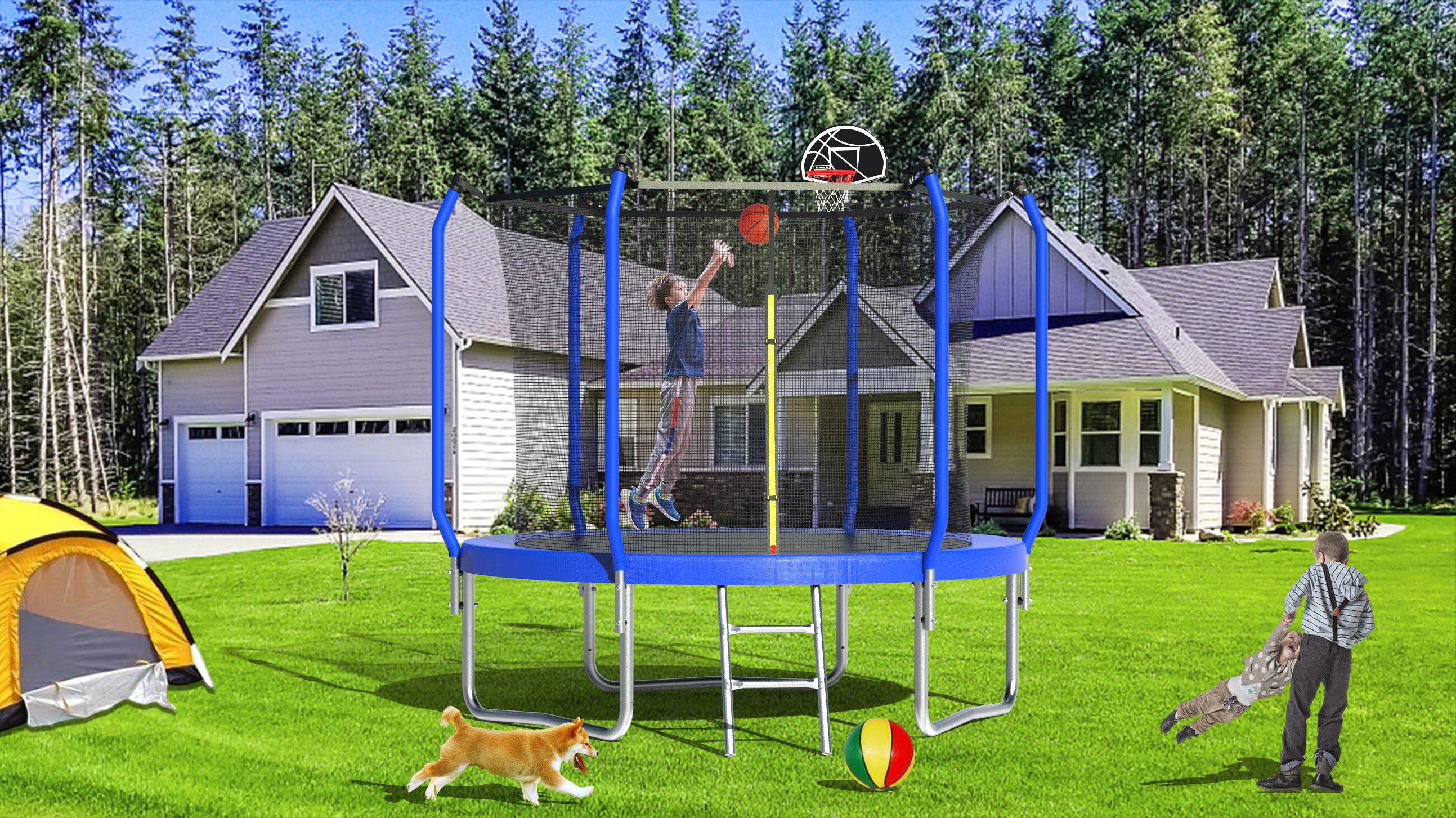 10FT Trampoline ASTM Approval Outdoor Trampoline for Kids with Basketball Hoop,  Ladder and AntiRust Coating