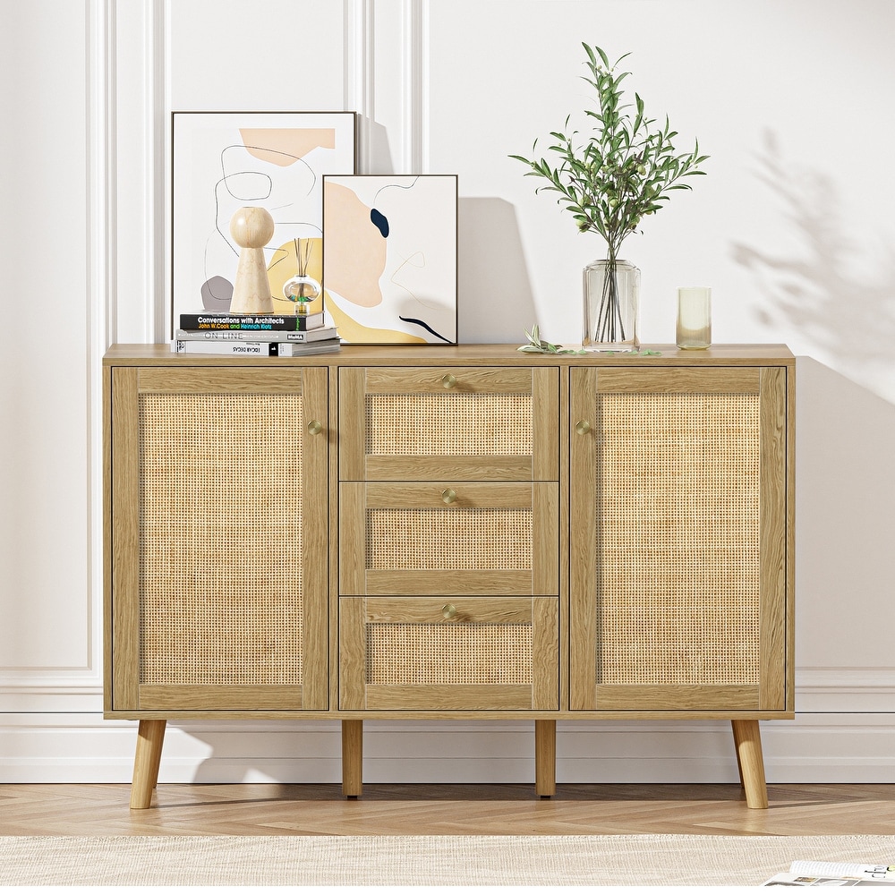 Anmytek Buffet Sideboard 3 Drawer Chest of Drawers with 2 Door Mid Century Modern Rattan Cabinet Console Table