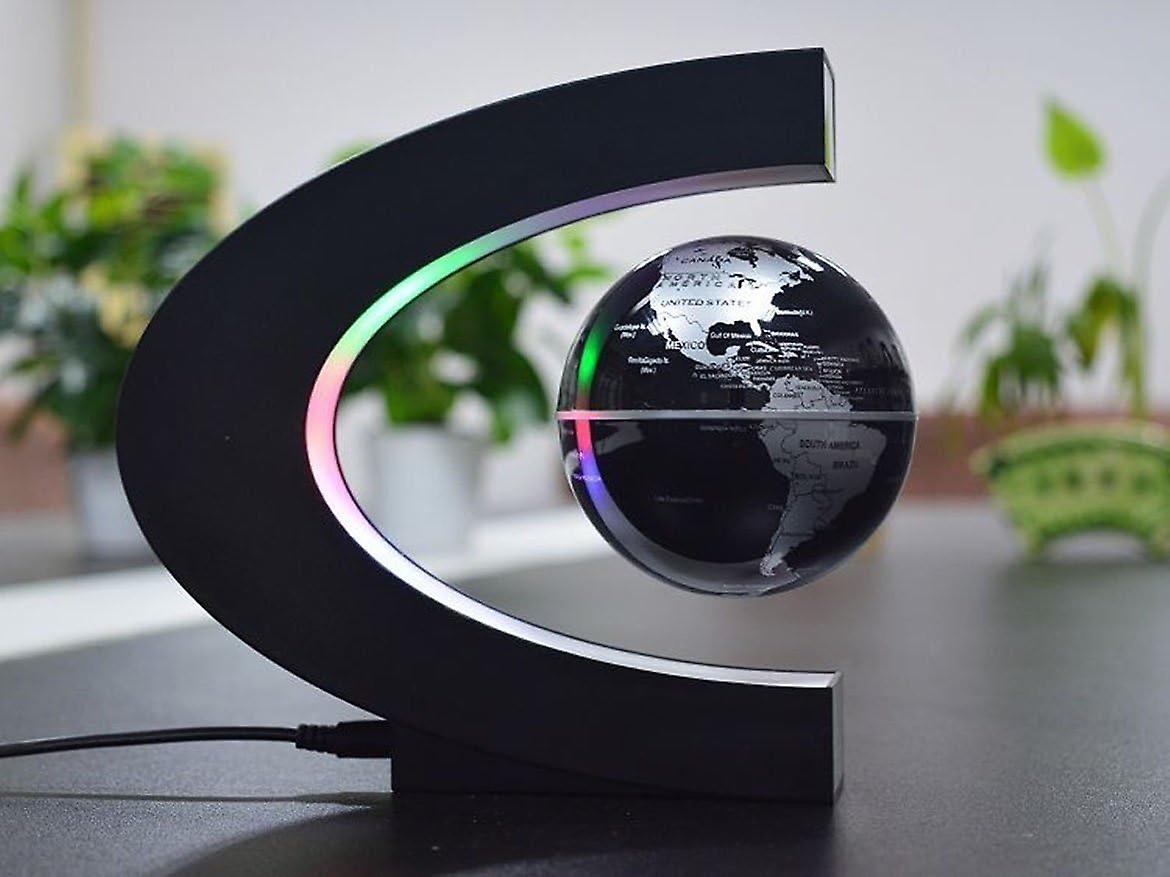 C Shape Magnetic Levitation Floating Globe With Led Lights ，world Map For Desk Decoration (black-silver)euro-gauge Two-round Power Plug (eu)