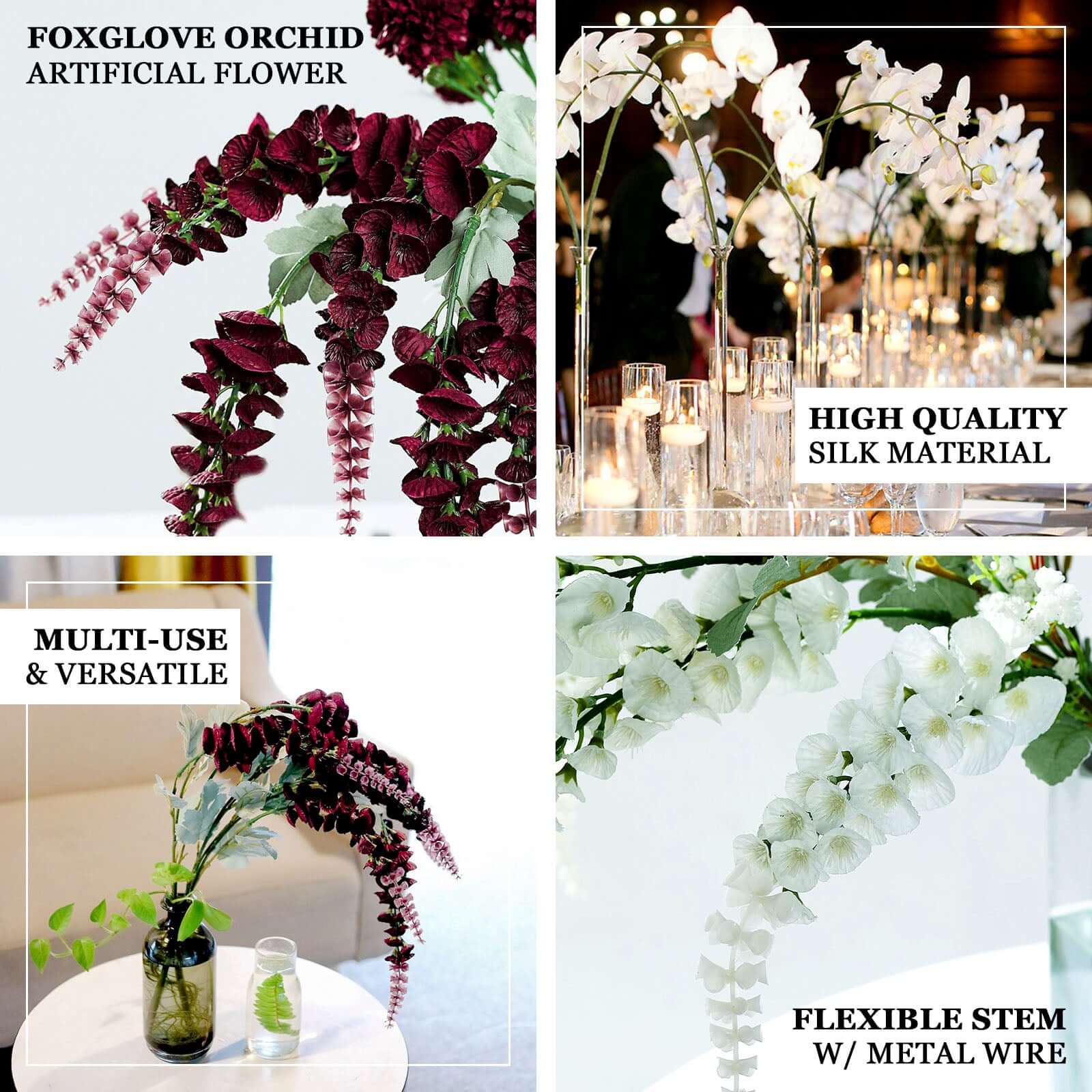 2 Bushes White Artificial Foxglove Orchid Flower Bouquet Stem - Silk Flower Branch Spray 34