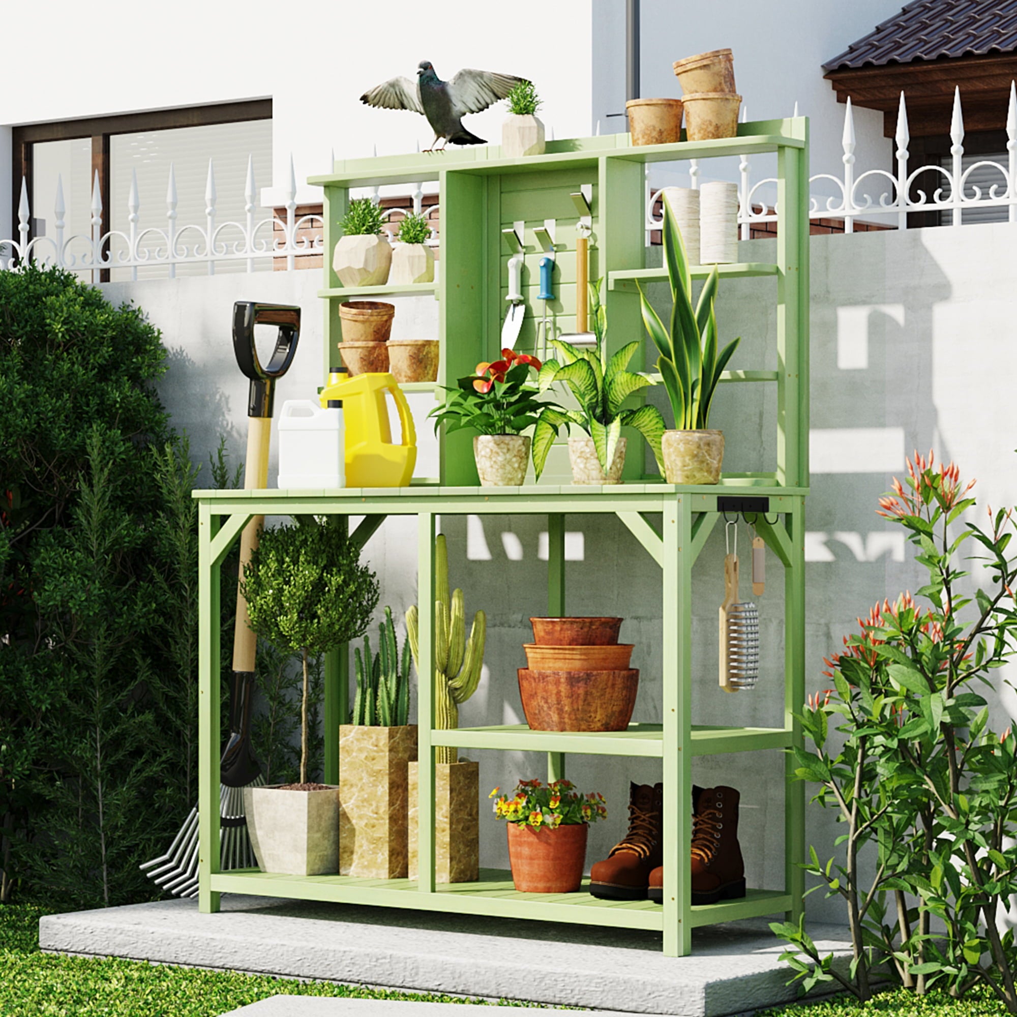 CoSoTower 64, 6" Large Outdoor Potting Bench, Garden Potting Table, Wood Workstation With 6-Tier Shelves, Large Tabletop And Side Hook For Mudroom, Backyard, Green