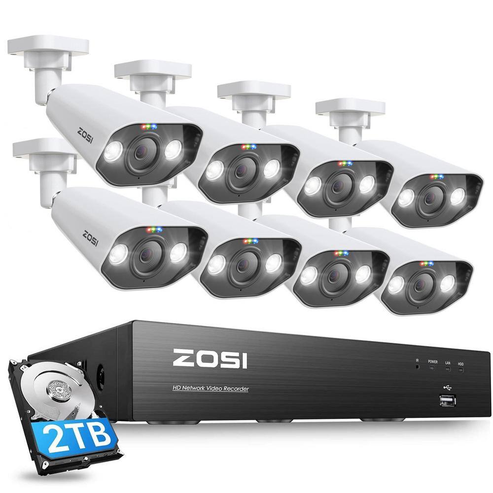 ZOSI 8-Channel 8MP PoE 2TB NVR Security Camera System with 8 Wired 8MP Spotlight Cameras 2-Way Audio AI Motion Detection 8DN-1828W8-20-US