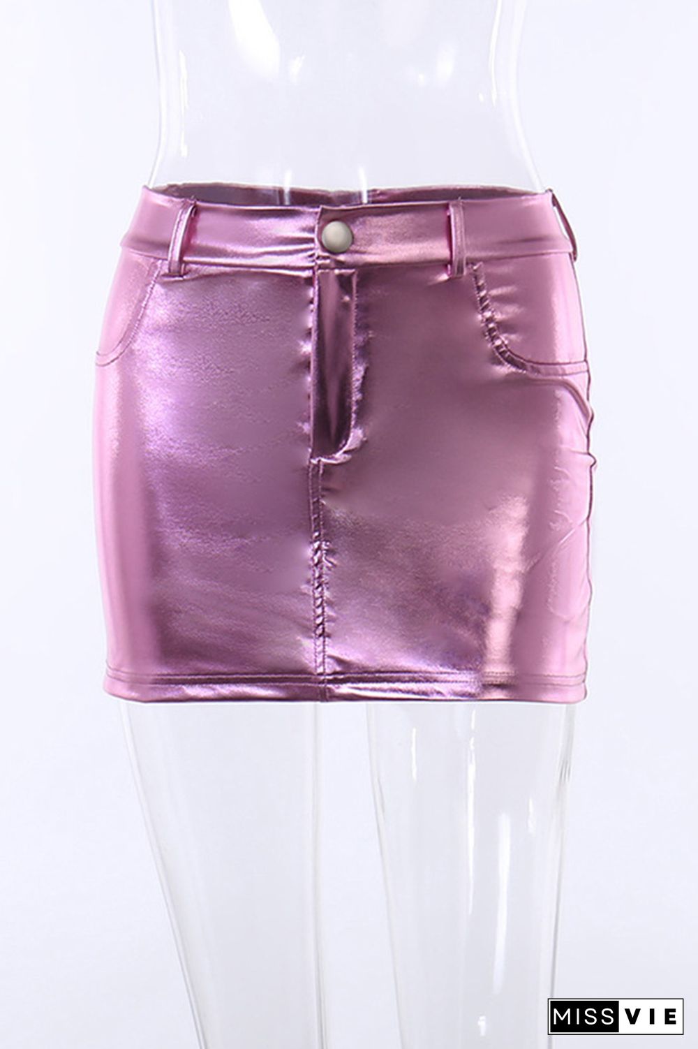 Shiny Button Closure Mini Skirt