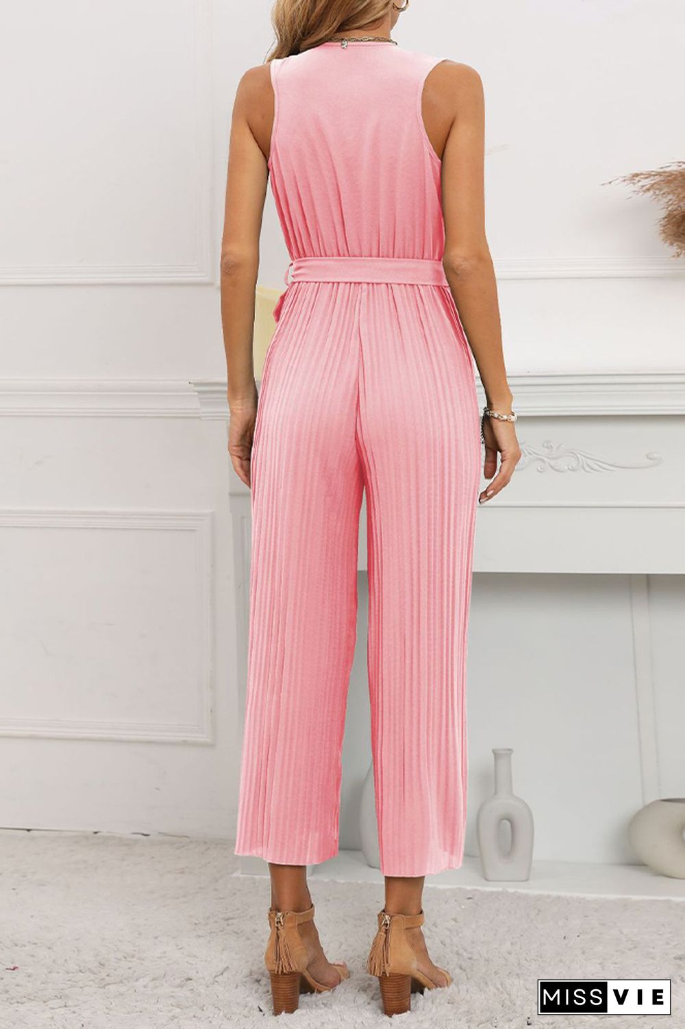 V Neck Ruffles Pleated Sleeveless Jumpsuit