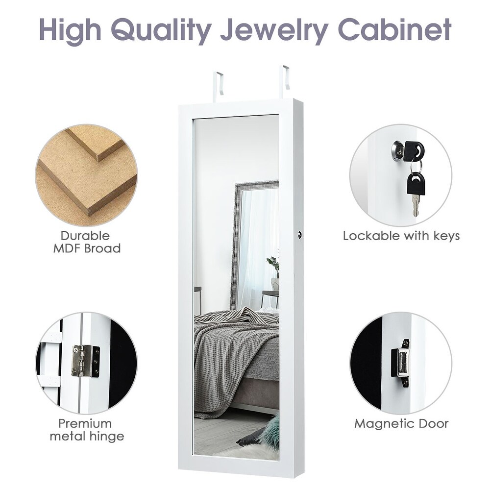 Costway Wall Mount Mirrored Jewelry Cabinet Organizer w/LED Lights