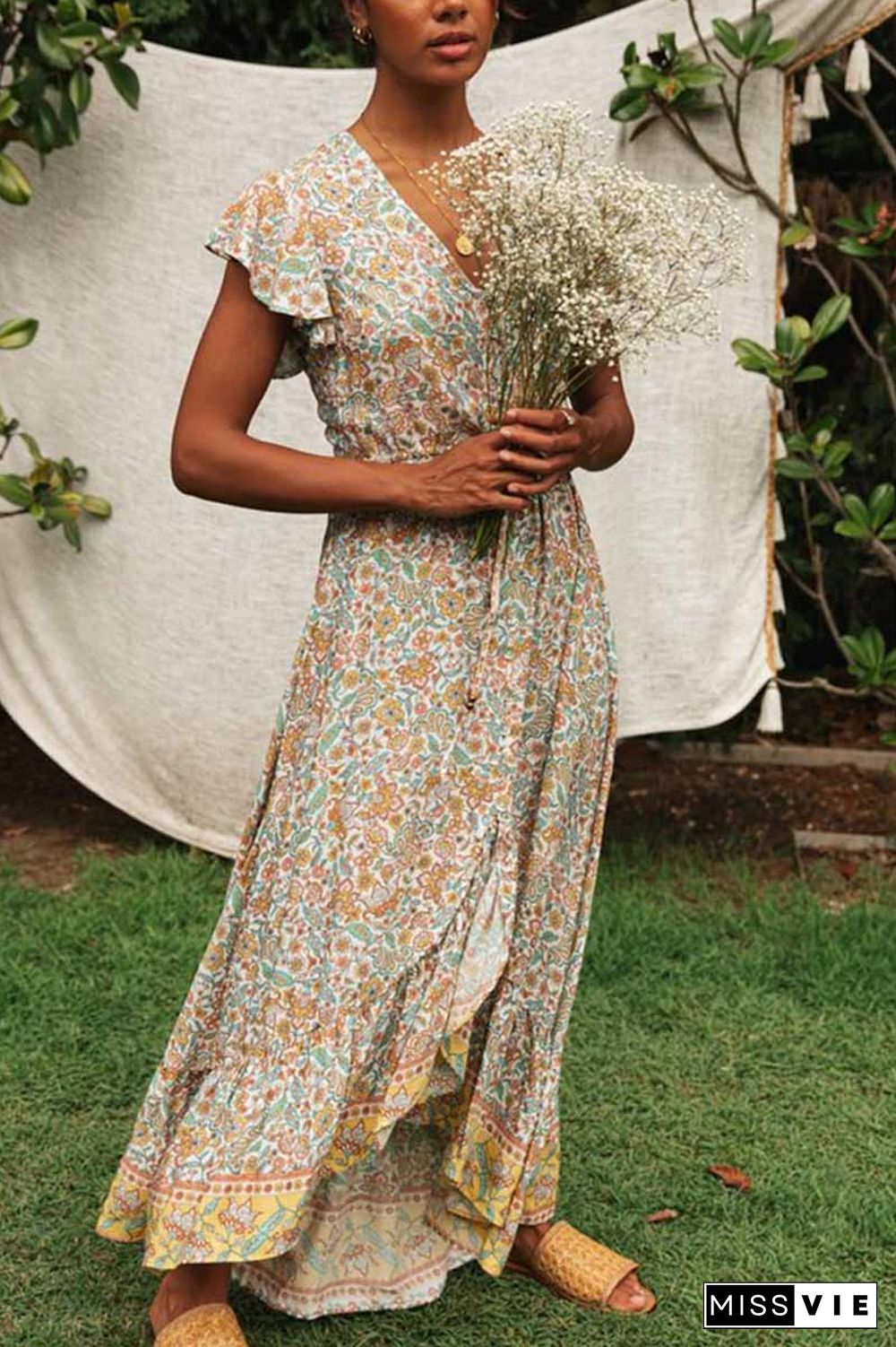 V-neck Lace Irregular Floral Maxi Dress