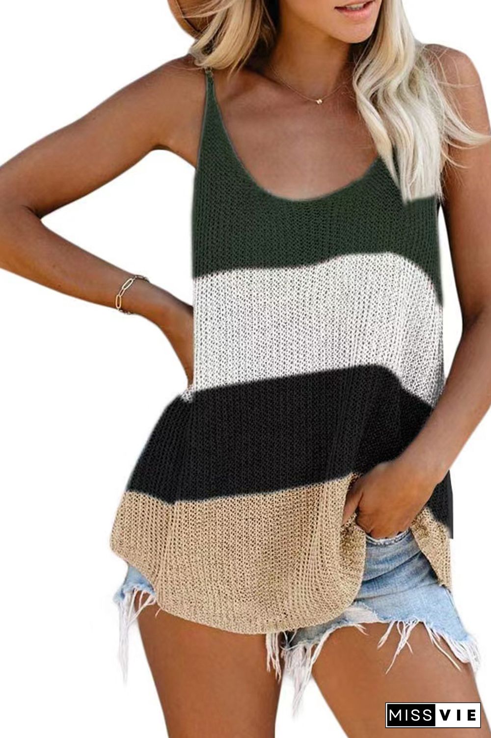 Color Block and Plain U Neck Knit Tank Top