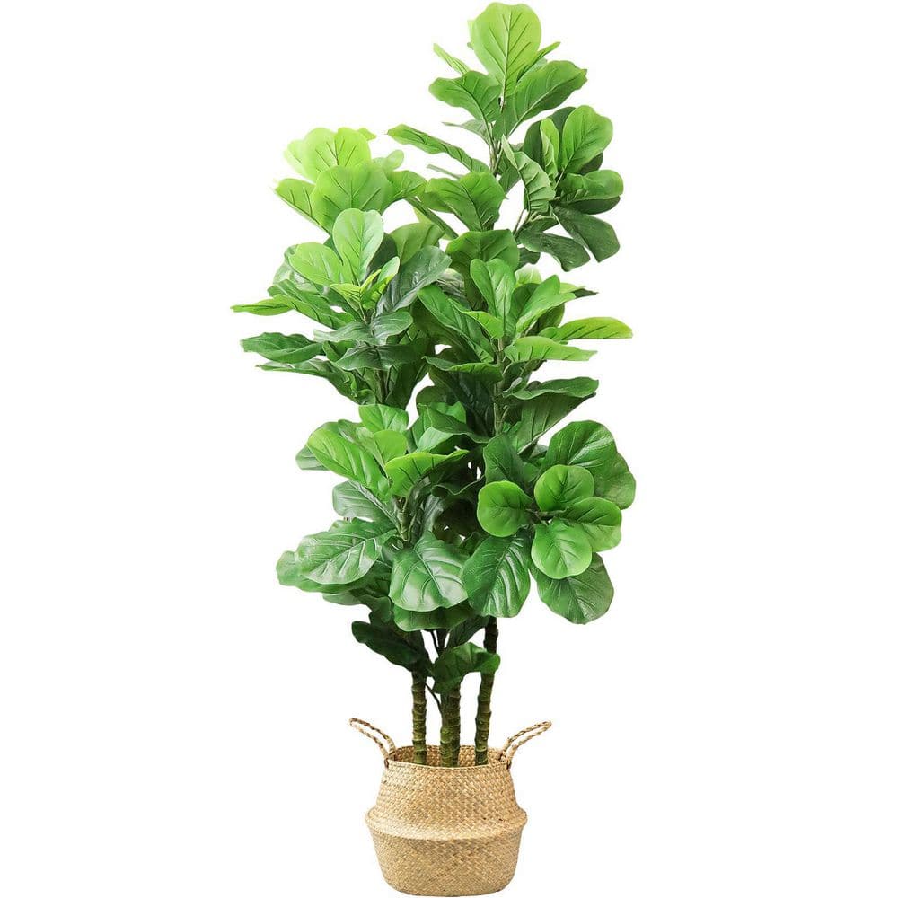 HOMLUX 72 in. Tropical Faux Artificial Fiddle Fig Tree Plants with 131 leaves ， Woven Seagrass Basket， Black Pot F6BD004A29