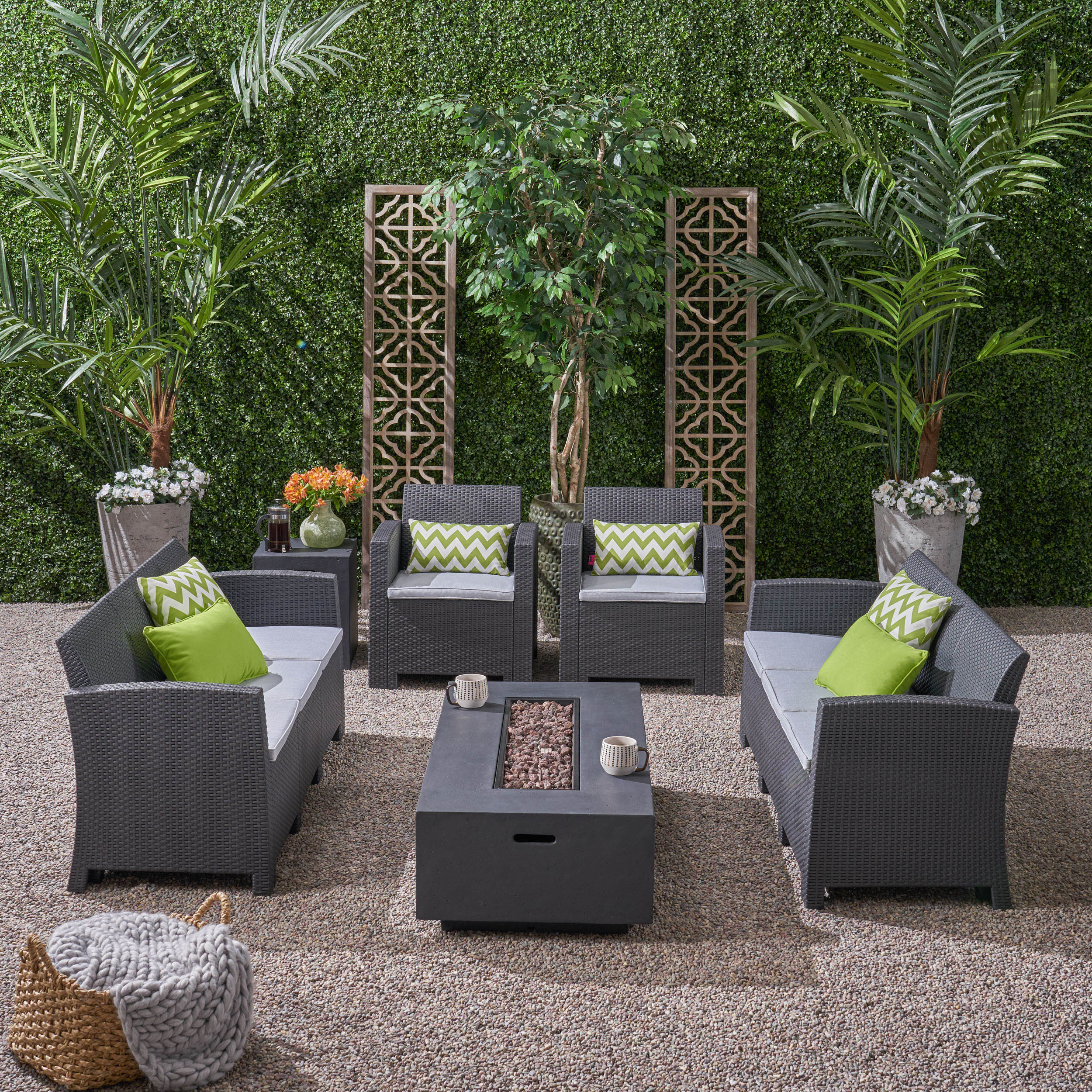 Morena Outdoor 8-Seater Wicker Print Chat Set with Fire Pit and Tank Holder