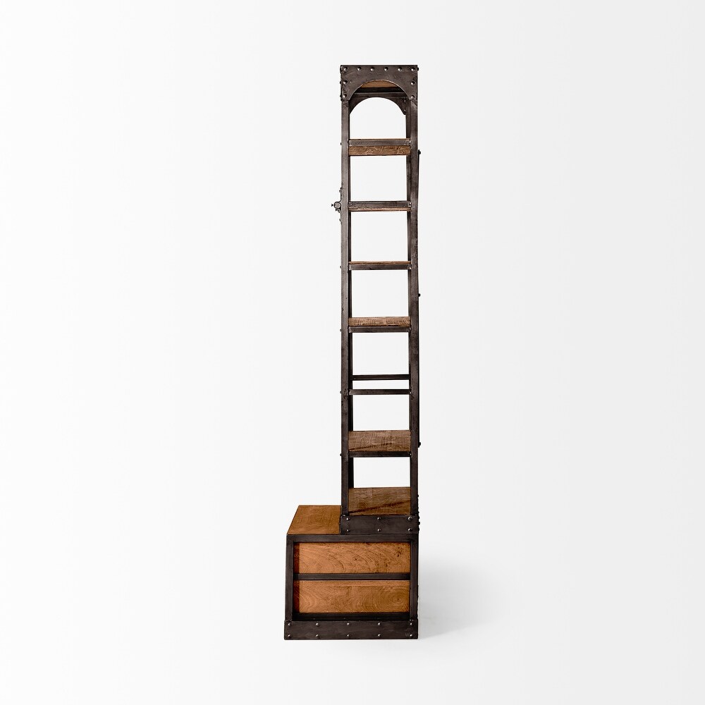 Brodie I Medium Brown Solid Wood w/ Bronze Iron Frame   Ladder Shelving Unit   32.0L x 22.0W x 94.0H