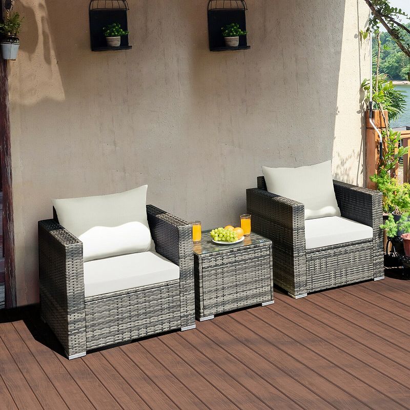 3 Pcs Patio Rattan Furniture Bistro Sofa Set with cushions