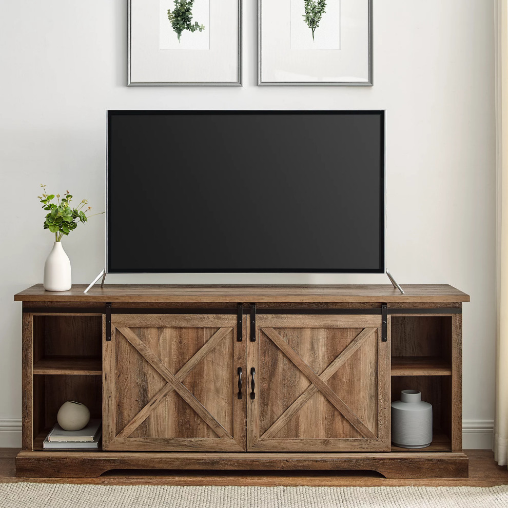 Large TV Stand  X Accented Barn Door With Exposed Metal Rail  Barnwood Finish   Farmhouse   Entertainment Centers And Tv Stands   by Declusia  Houzz