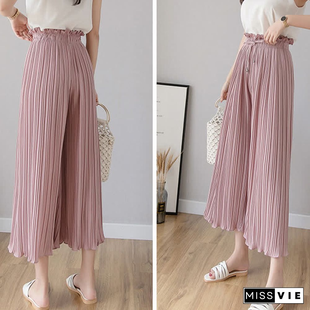 High Waist Chiffon Wide Leg Pleated Casual Pants