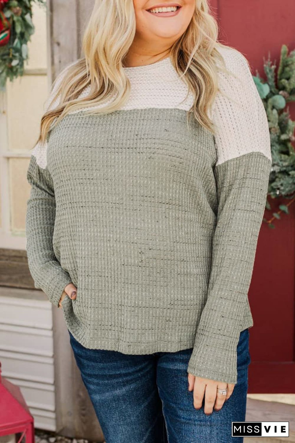 Green Plus Size Colorblock Knit Long Sleeve Top