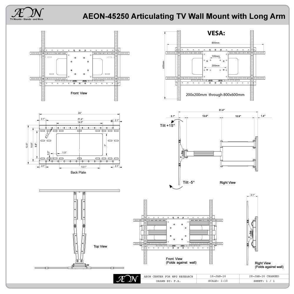 Aeon Stands and Mounts Full Motion TV Wall Mount for 42 in. - 80 in. TVs with Room Adapt Extends 32 in. Mounts on 16 in. or 24 in. Studs AEON-45250