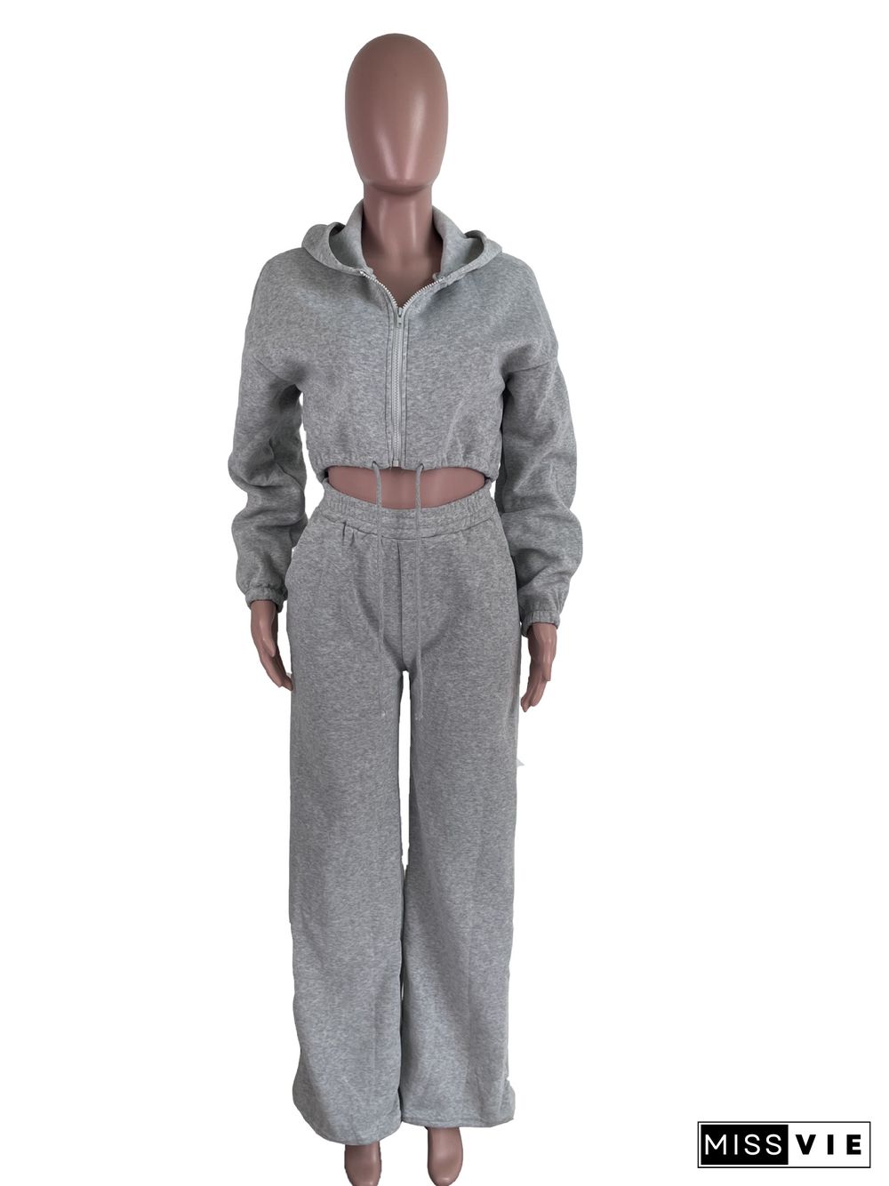 Zipper Hoodies Crop Top Wide Leg Pant Tracksuit