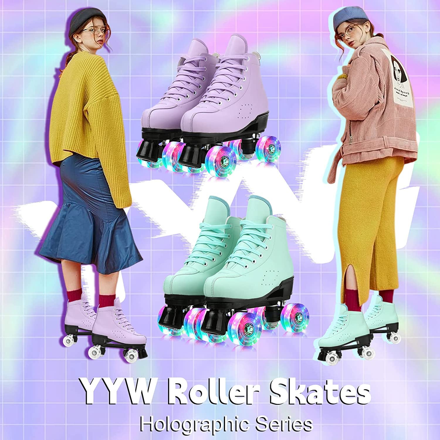 Women's Roller Skates Classic Green Roller Skates High-Top Cozy Shiny Skates for Youth and Adult Unisex， 6.5