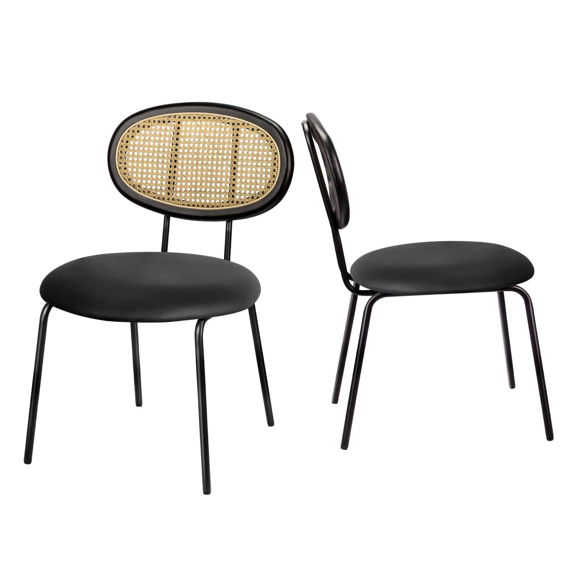 WELLET Rattan Leather Dining Chairs， Metal Legged， Set of 2， Black