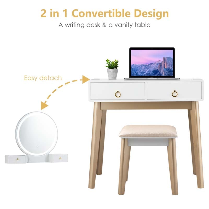 Modern Makeup Vanity Set with Touch Screen Dimming Mirror and 3 Color LED Lighting Modes, Jewelry Divider Dressing Table