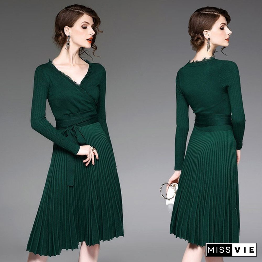 Sexy V-Neck Long Sleeve Winter Dress for Women Spring Elegant Belted Vintage Midi Solid Knit Sweater with Ruffle