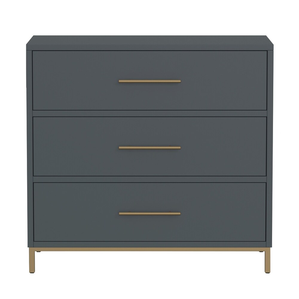 Max 36 Inch 3 Drawer Small Dresser Chest  Brass Metal Frame  Slate Gray