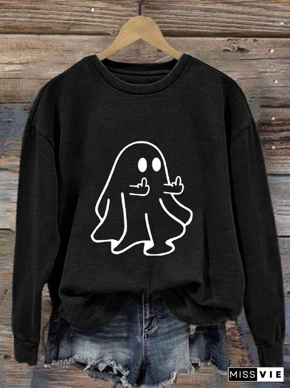 Women's Ghost Middle Finger Print Long Sleeve Sweatshirt