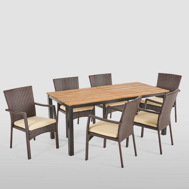 Marconi 7pc Acacia Wood Dining Set Teak brown cream Christopher Knight Home