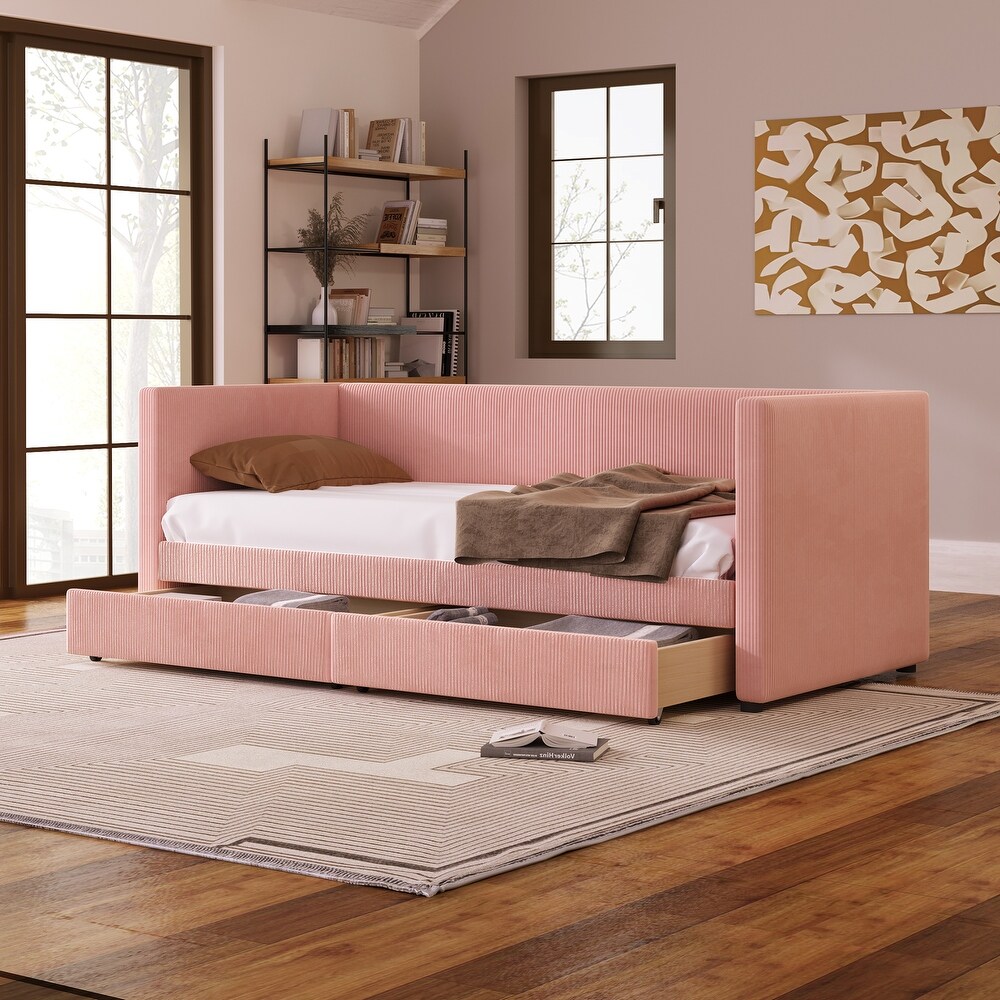 Pink Corduroy tufted Daybed Twin Frame w/ 2 Drawers No Box Spring Needed Wood Slat Support Bed Frame Noble Storage Bed Design