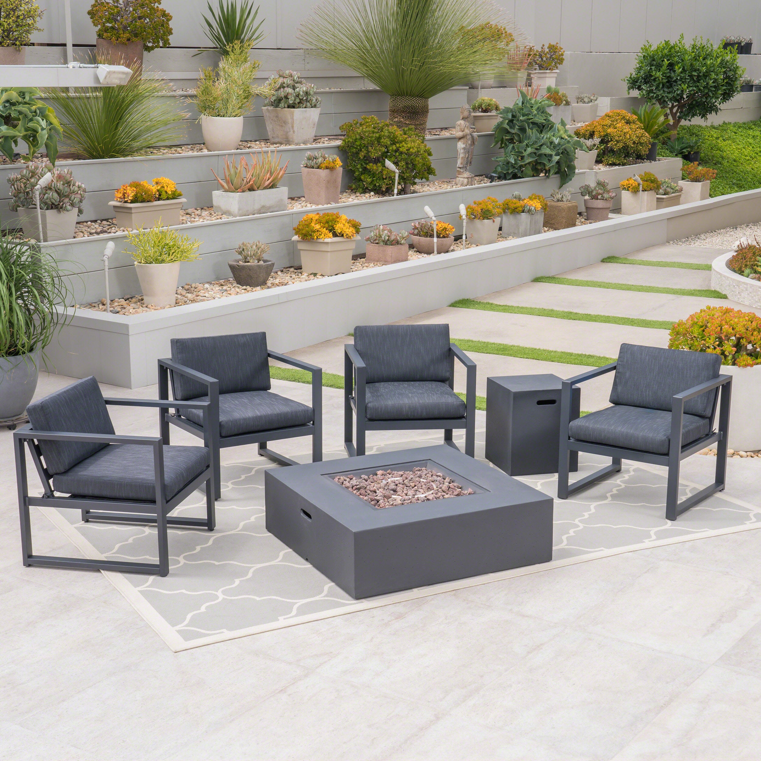 Wos Outdoor 4-Seater Aluminum Chat Set with Fire Pit, Black and Dark Gray