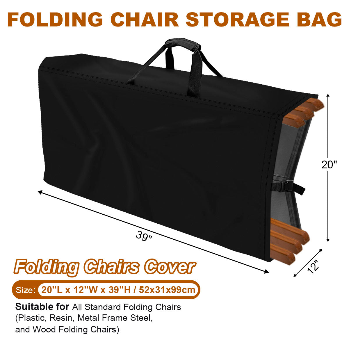 POMER Folding Chair Storage Bag for Plastic, Resin, and Wood Folding Chairs Waterproof Chair Cover with Handle for Chairs Storage and Transport - 20x12x39inch