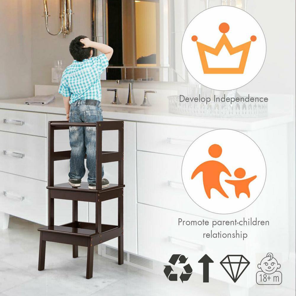 WELLFOR 2-Step Pine Wood Step Stool 330 lbs. Learning Toddler Tower with Safety Rail in Brown BB-HGY-5551CF