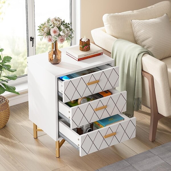 Nightstand， Bedside Table with 3 Drawers - - 36854670