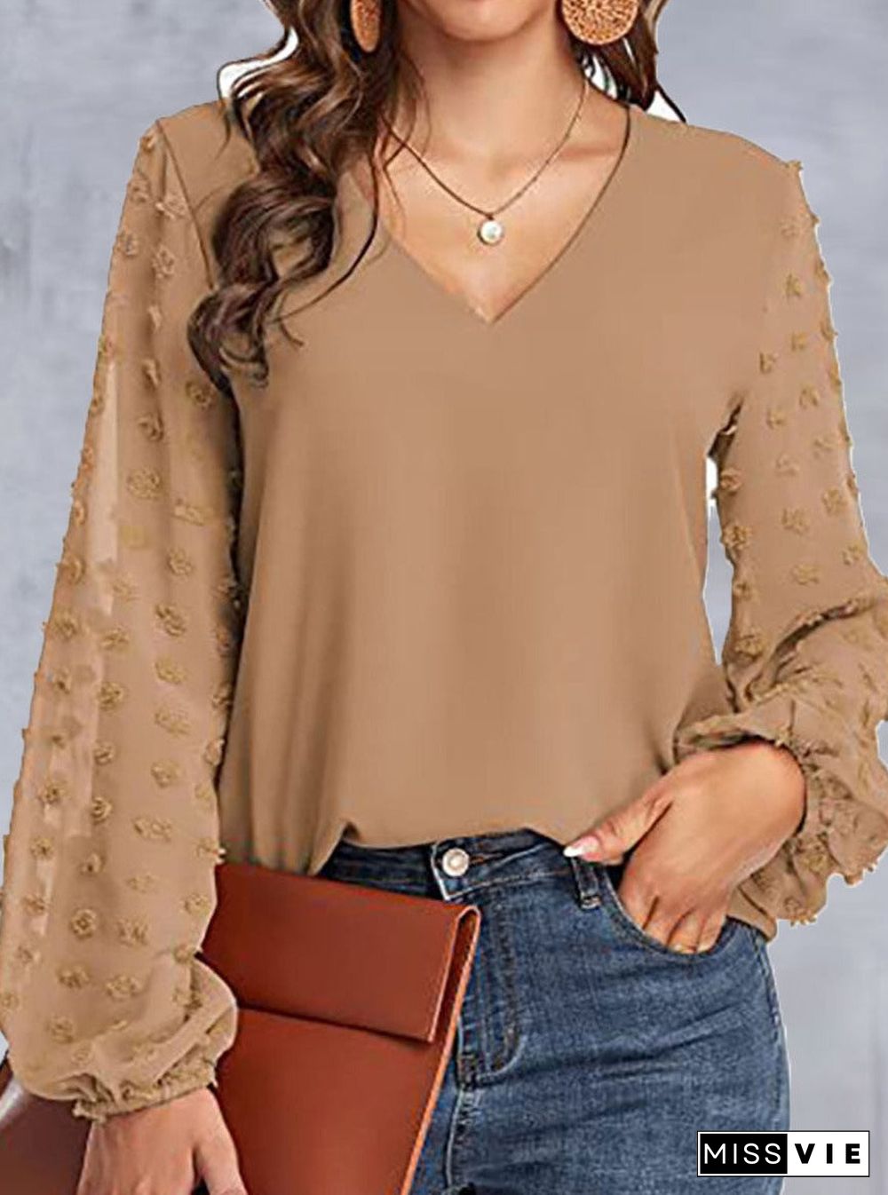 V-neck Paneled Casual Long-sleeve Blouse