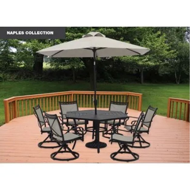 Four Seasons Courtyard 9 Foot Naples Market Patio Umbrella Round Polyester Fabric Outdoor Backyard Shaded Canopy With Push Button Tilt Natural Color