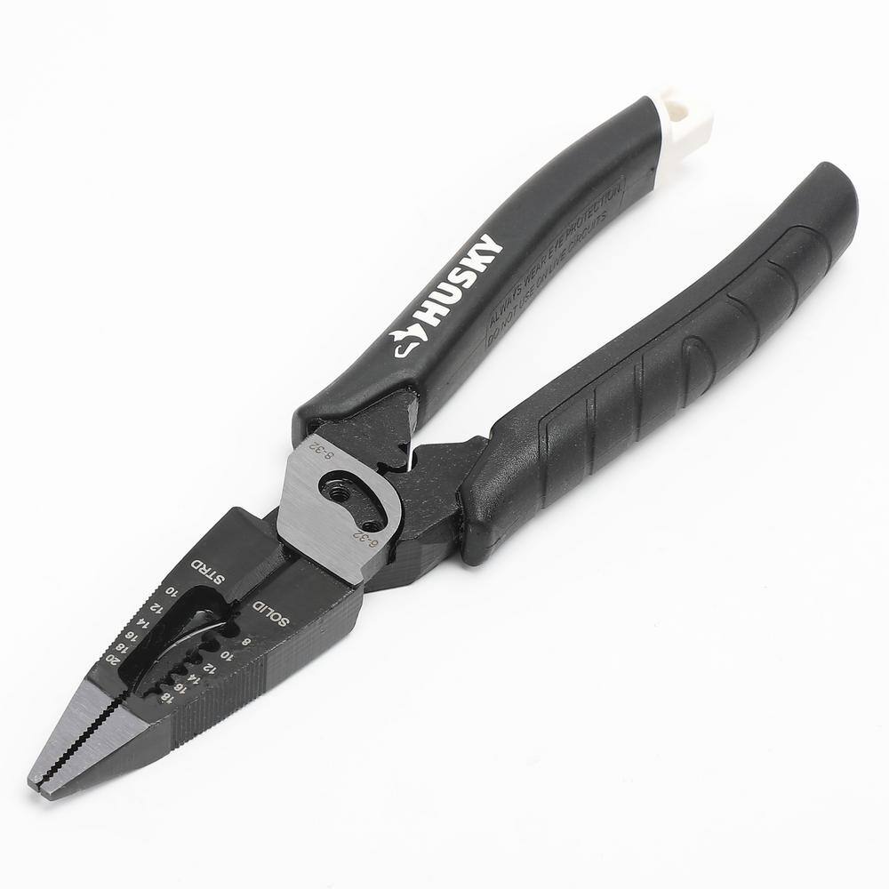 Husky 8 in. Multi-Function Long Nose Pliers with Rubber Handle 90358