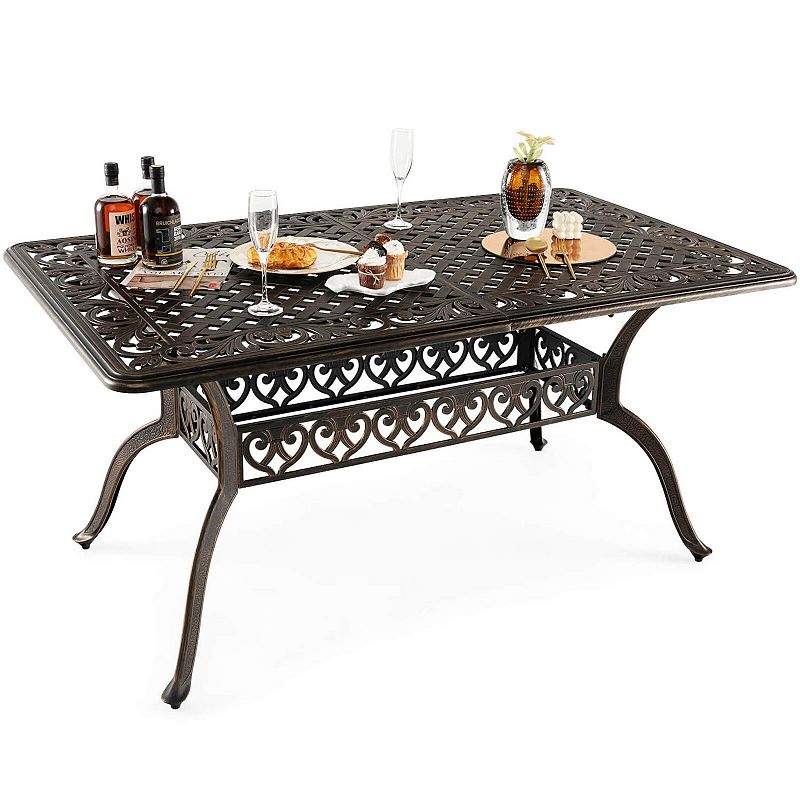 59 Inch Aluminum Patio Dining Table with Umbrella Hole fot 6 Persons-Bronze