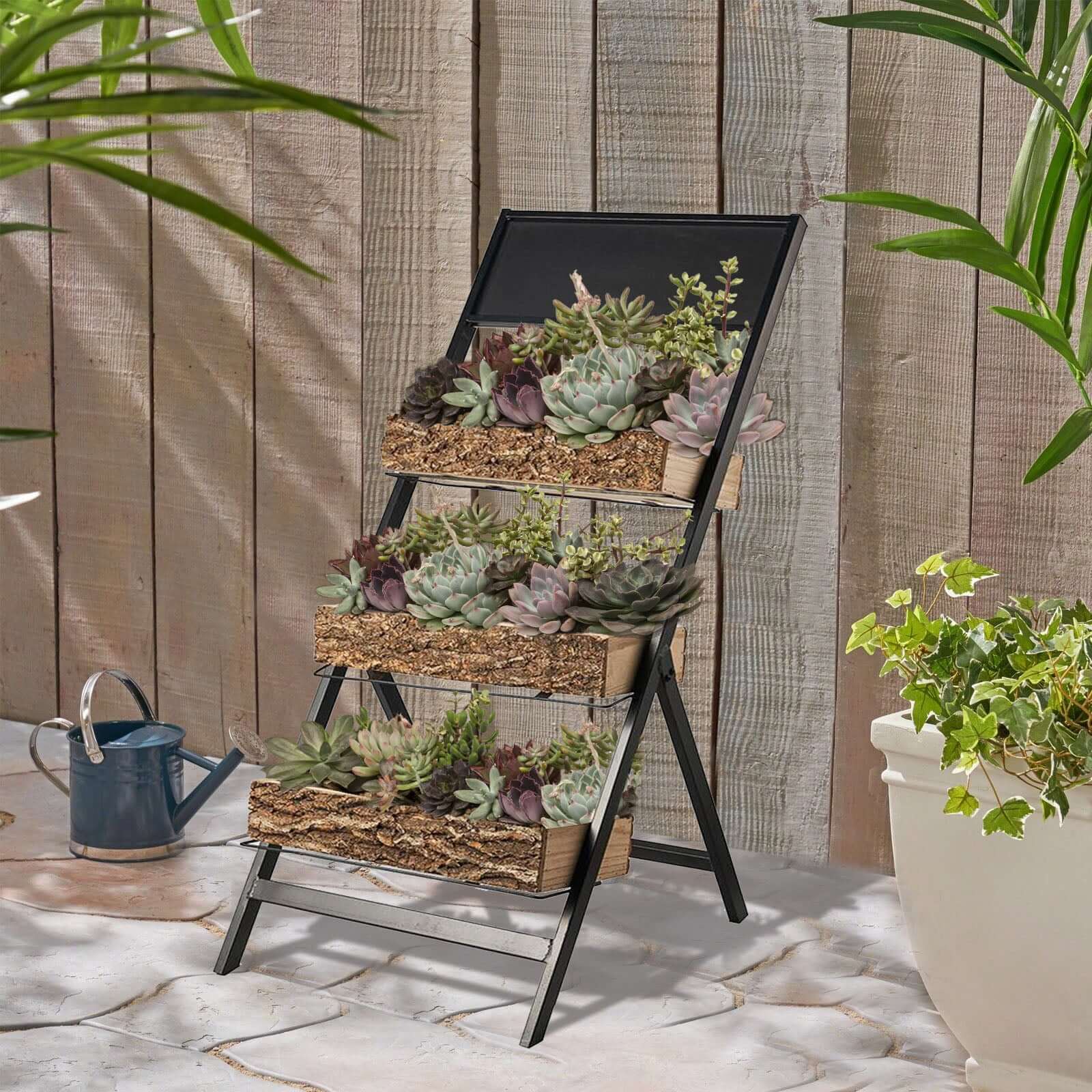 3-Tier Metal Ladder Plant Stand With Natural Wooden Log Planters 42