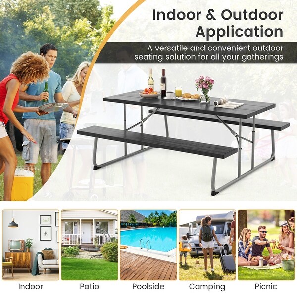 Folding Picnic Table Set with Metal Frame and AllWeather HDPE Tabletop，Umbrella Hole