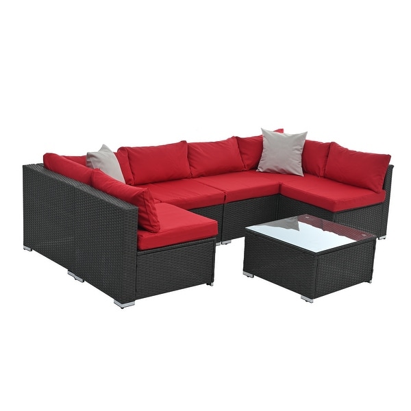 7Pcs Outdoor Sectional Furniture Set，AllWeather PE Rattan Sectional Sofa Conversation Set w/ Coffee Table and Washable Cushions