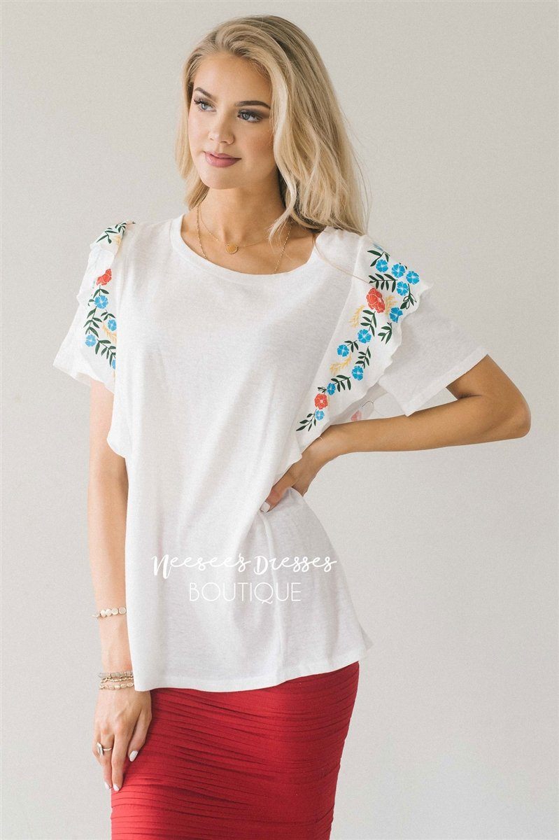 Cute Embroidered Ruffle Sleeve Top