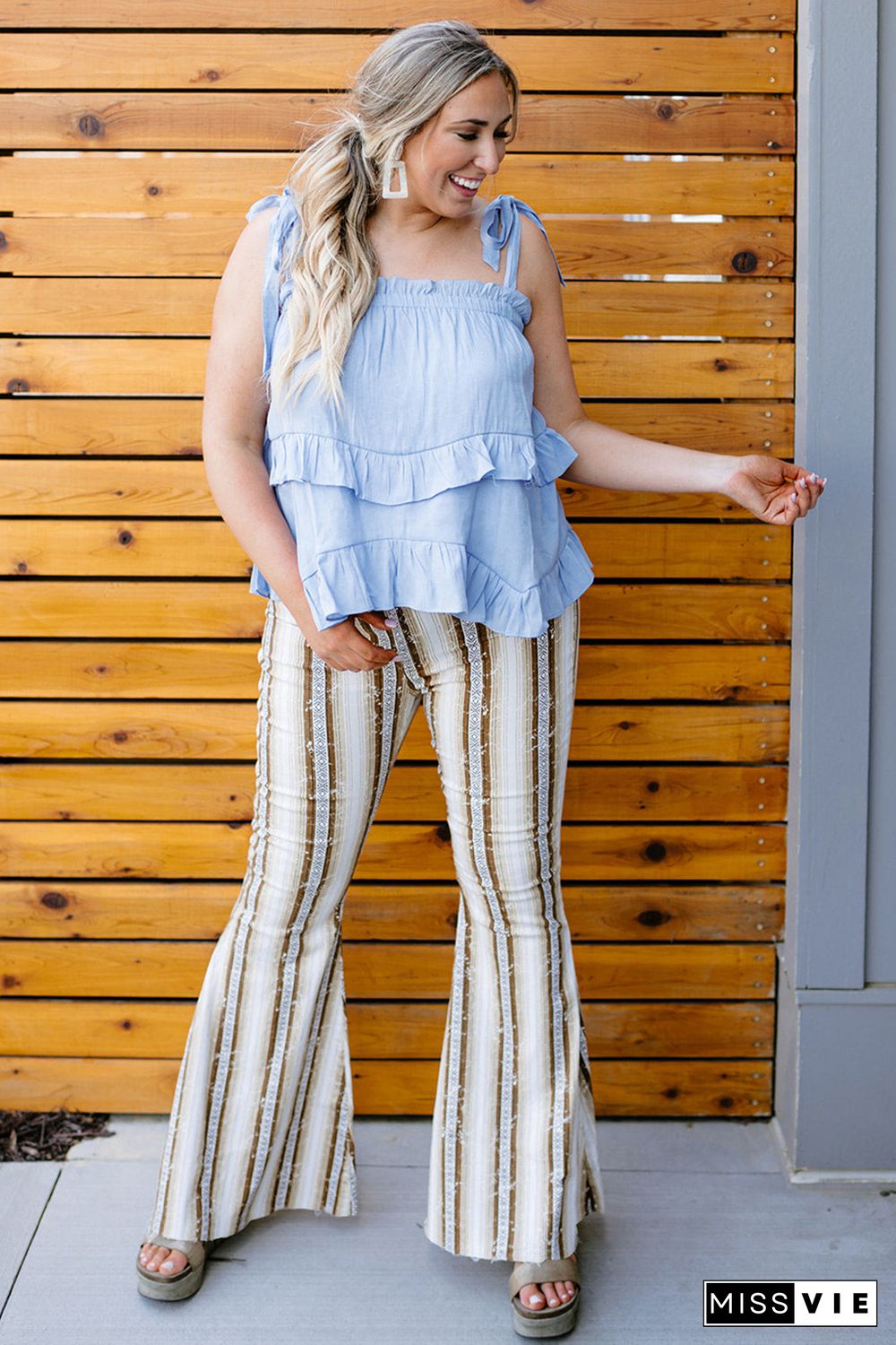 Plus Size Stripe Print High Waist Bell Bottom Pants