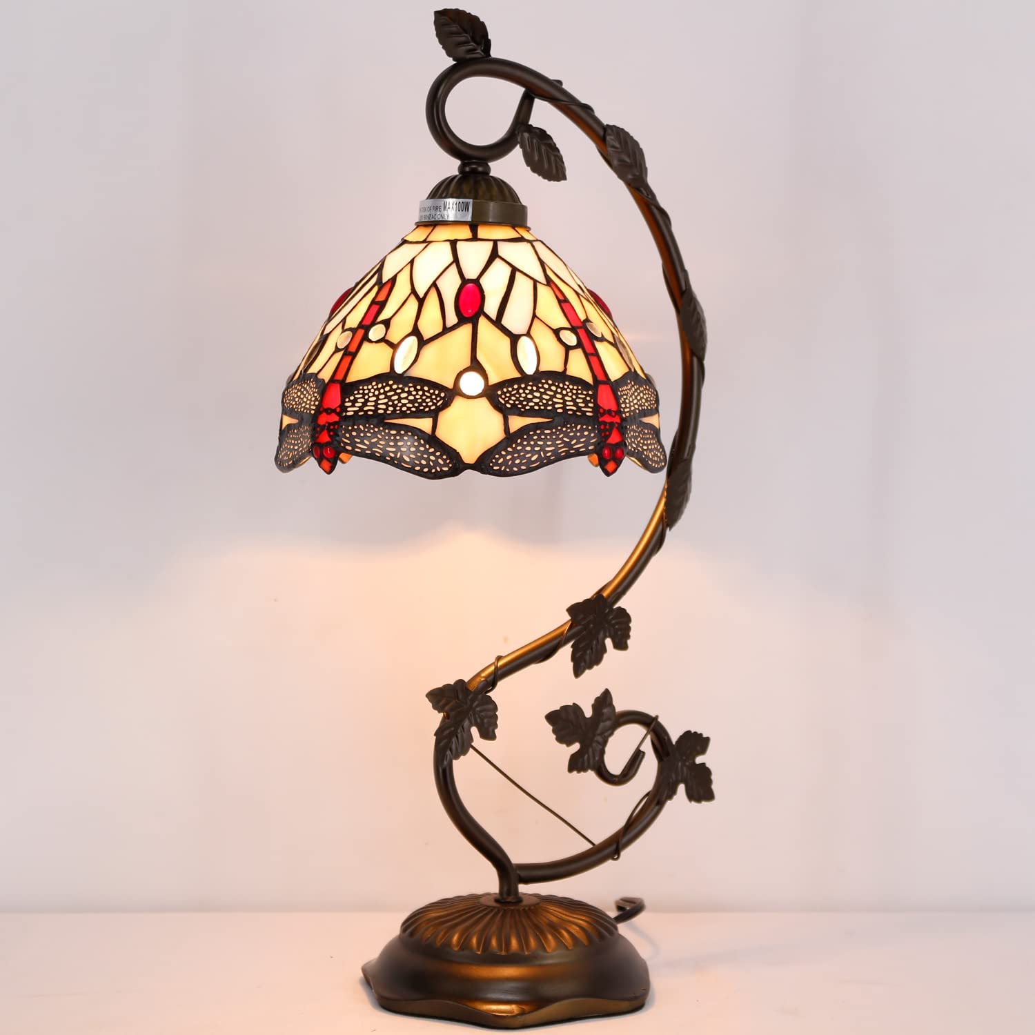 SHADY  Style Lamp Amber Stained Glass Dragonfly Table Lamp  Metal Leaf Base 8X10X21 Inches Desk Light Decor Small Space Bedroom Home Office S557 Series